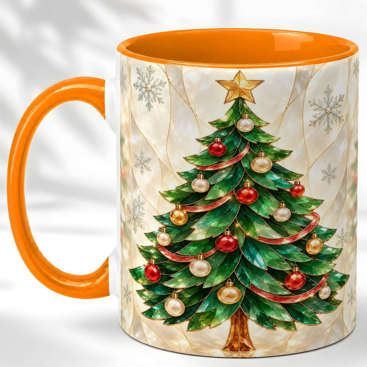 #pl[11oz|Orange] Jeweled Christmas Tree Coffee Mug, Holiday Ornament Mug, Ceramic Cup