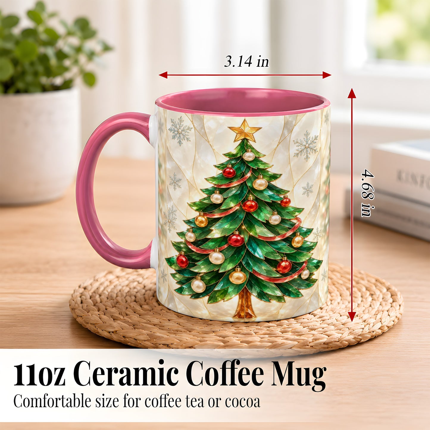 #pl[11oz|Pink] Jeweled Christmas Tree Coffee Mug, Holiday Ornament Mug, Ceramic Cup