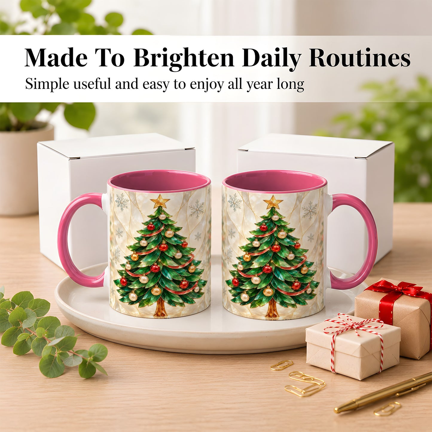 #pl[11oz|Pink] Jeweled Christmas Tree Coffee Mug, Holiday Ornament Mug, Ceramic Cup