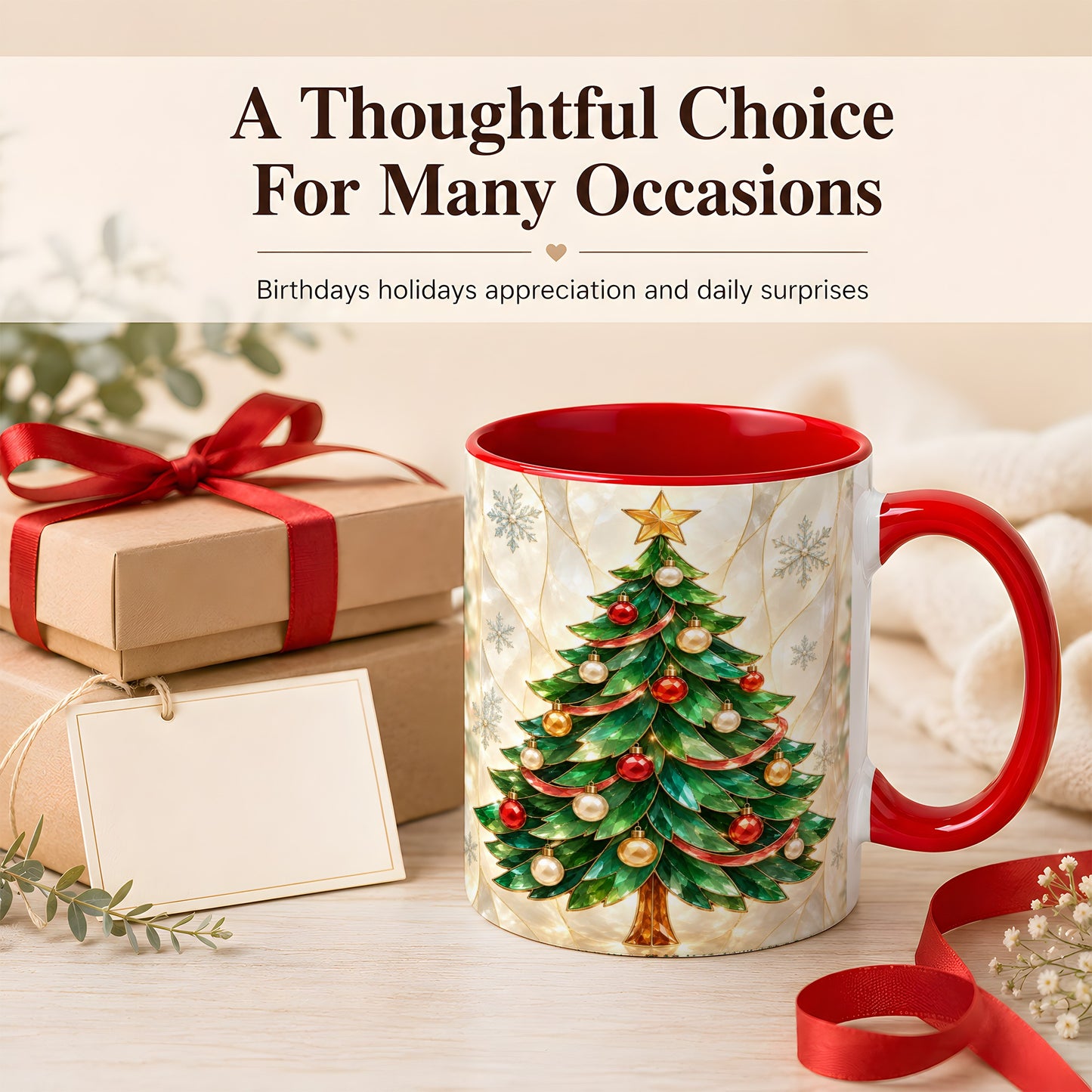 #pl[11oz|Red] Jeweled Christmas Tree Coffee Mug, Holiday Ornament Mug, Ceramic Cup