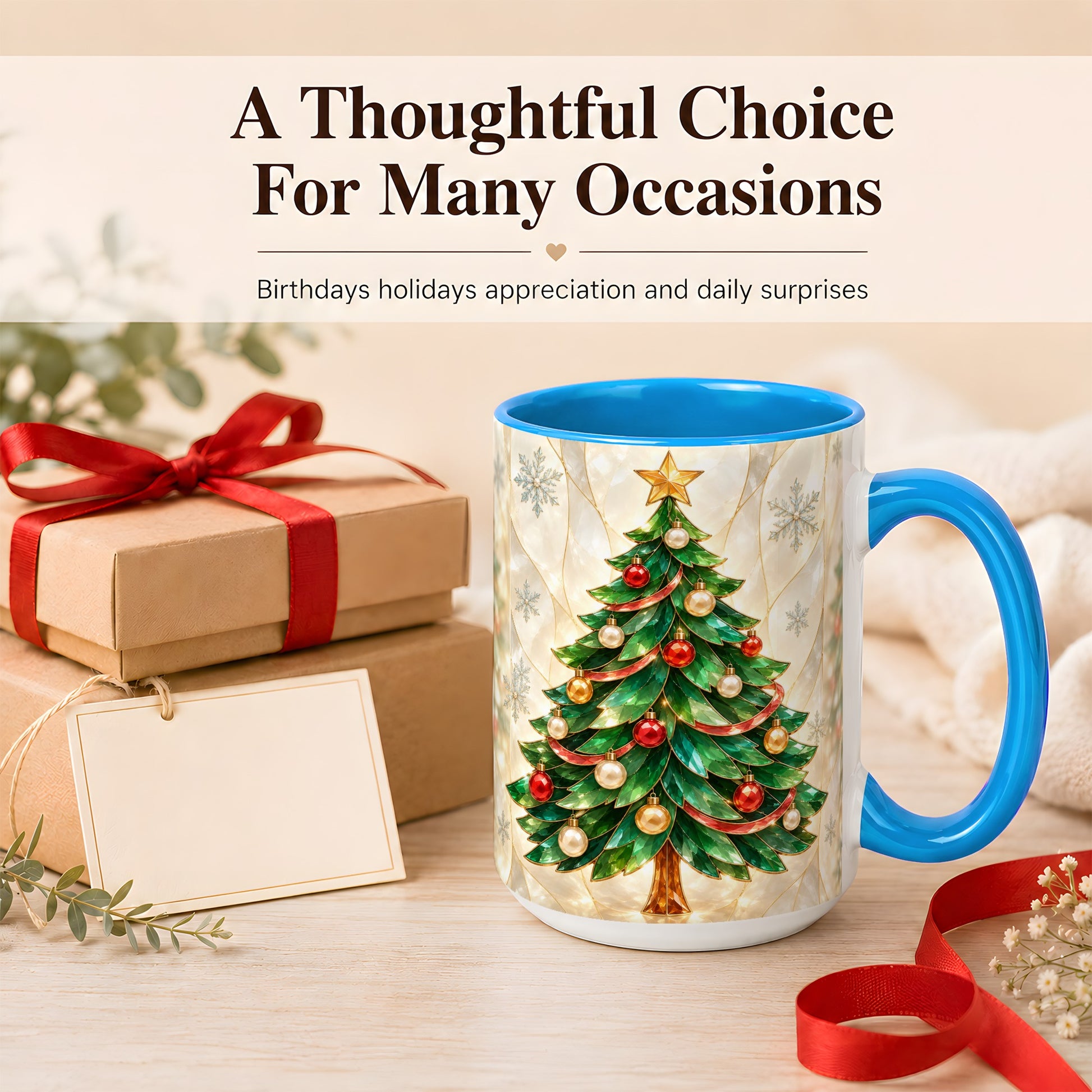 #pl[15oz|Blue] Jeweled Christmas Tree Coffee Mug, Holiday Ornament Mug, Ceramic Cup