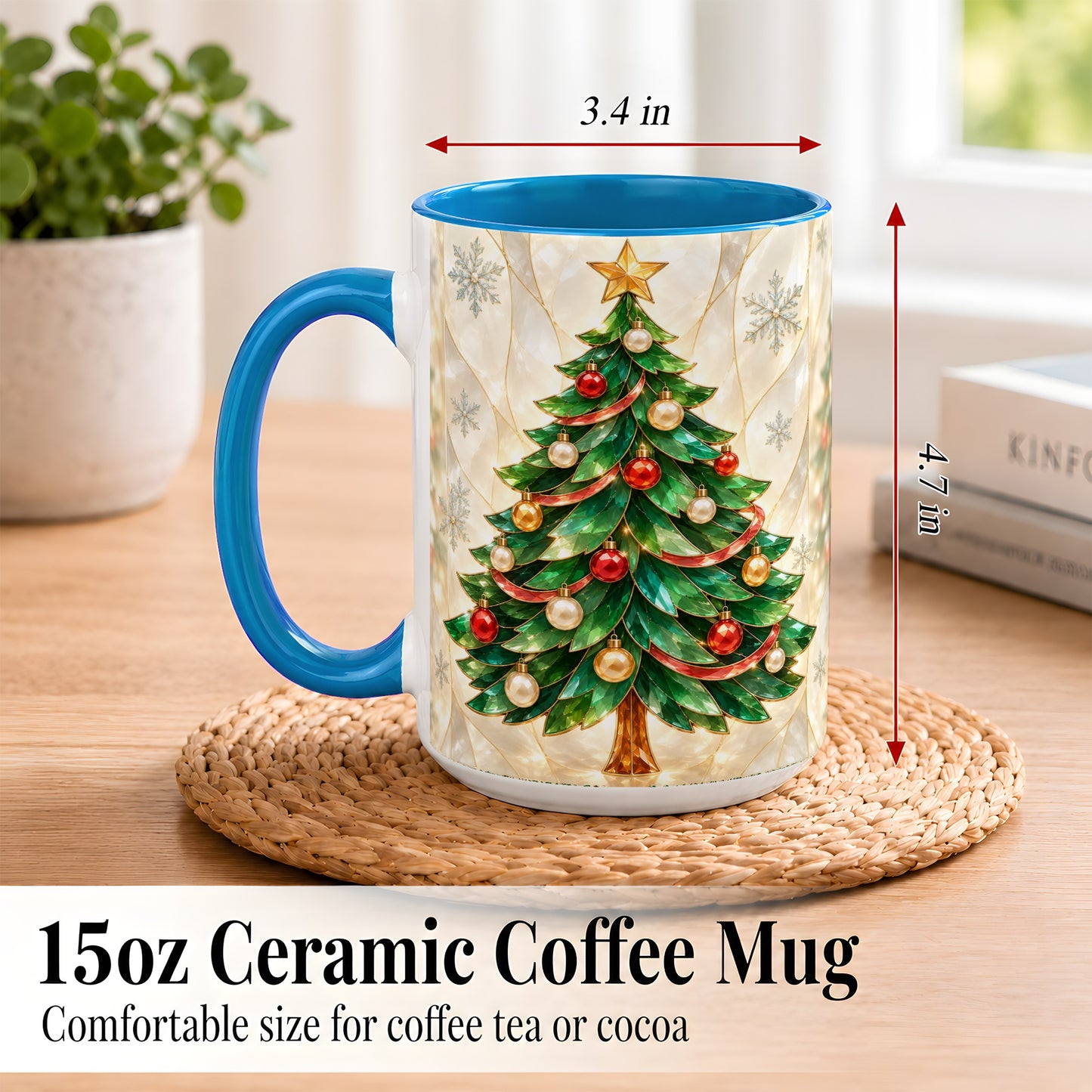 #pl[15oz|Blue] Jeweled Christmas Tree Coffee Mug, Holiday Ornament Mug, Ceramic Cup