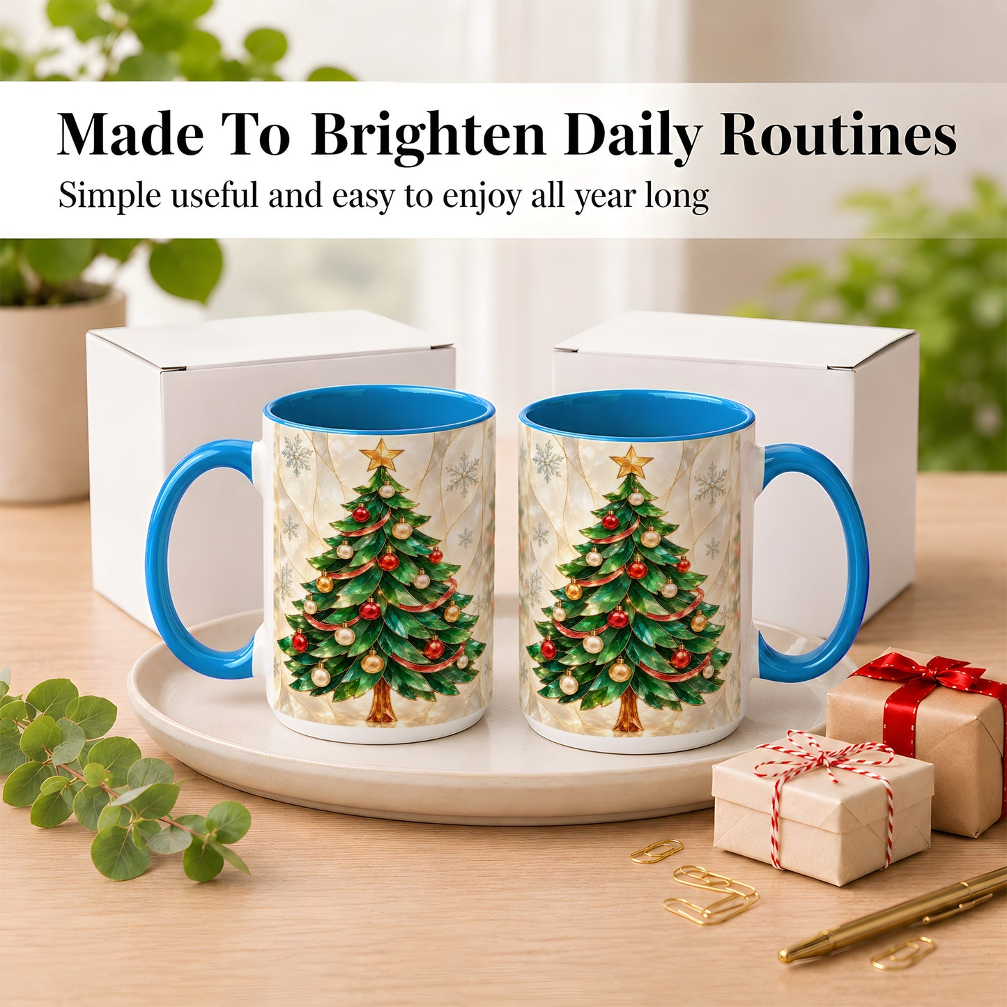 #pl[15oz|Blue] Jeweled Christmas Tree Coffee Mug, Holiday Ornament Mug, Ceramic Cup