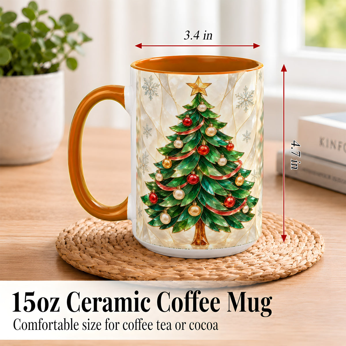 #pl[15oz|Orange] Jeweled Christmas Tree Coffee Mug, Holiday Ornament Mug, Ceramic Cup