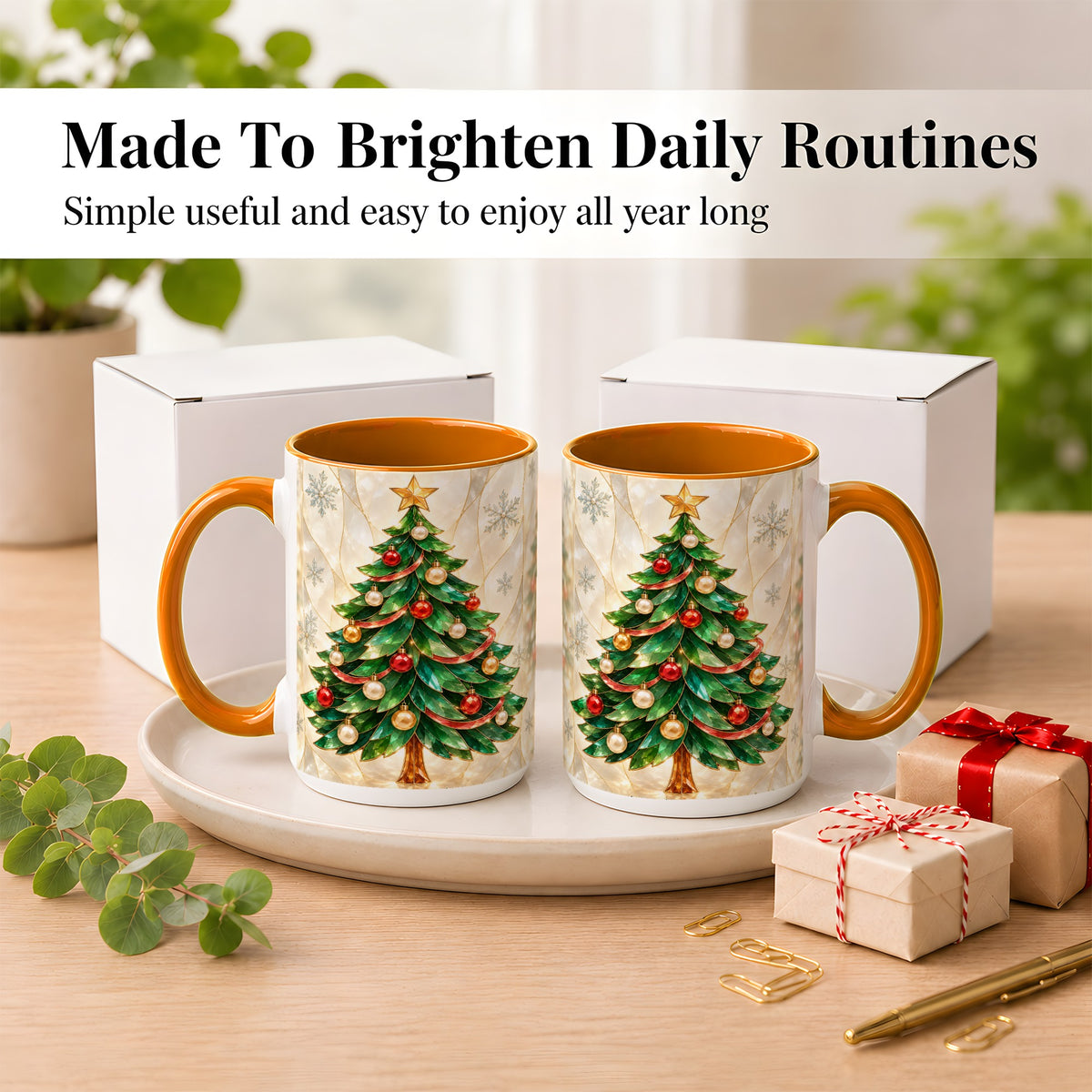 #pl[15oz|Orange] Jeweled Christmas Tree Coffee Mug, Holiday Ornament Mug, Ceramic Cup