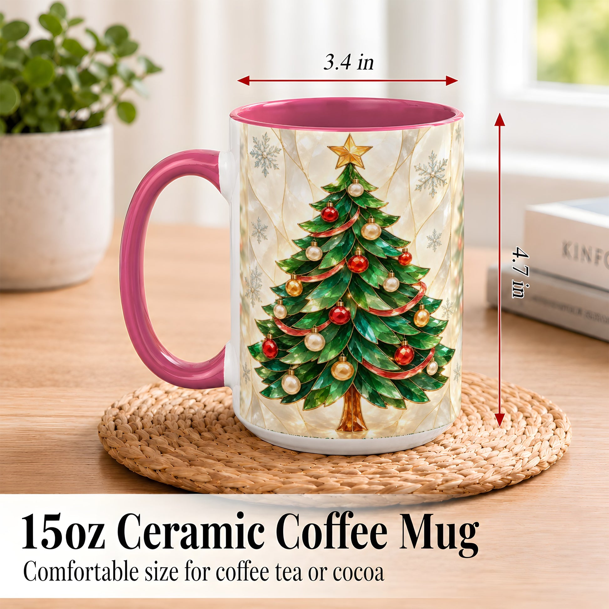 #pl[15oz|Pink] Jeweled Christmas Tree Coffee Mug, Holiday Ornament Mug, Ceramic Cup