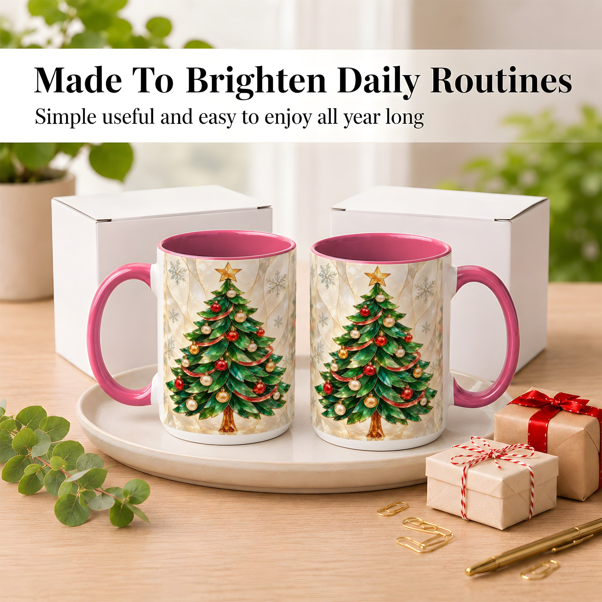 #pl[15oz|Pink] Jeweled Christmas Tree Coffee Mug, Holiday Ornament Mug, Ceramic Cup