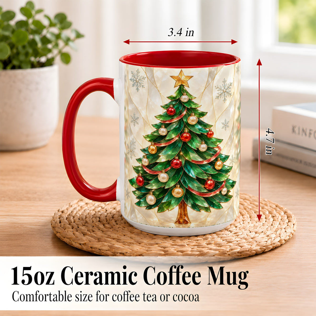 #pl[15oz|Red] Jeweled Christmas Tree Coffee Mug, Holiday Ornament Mug, Ceramic Cup