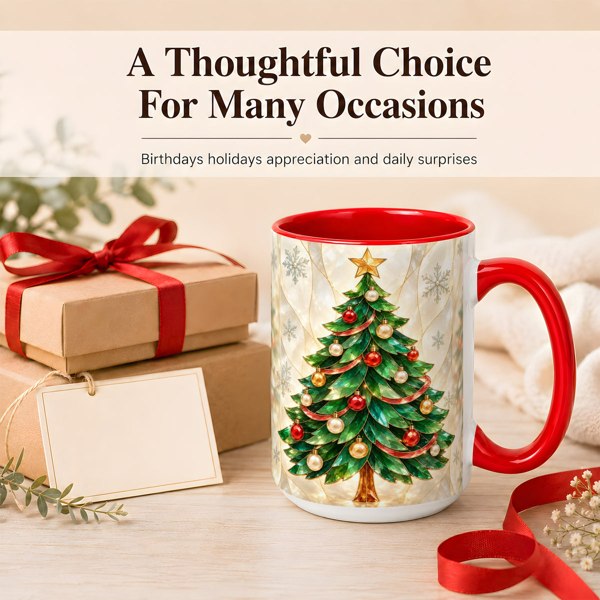 #pl[15oz|Red] Jeweled Christmas Tree Coffee Mug, Holiday Ornament Mug, Ceramic Cup