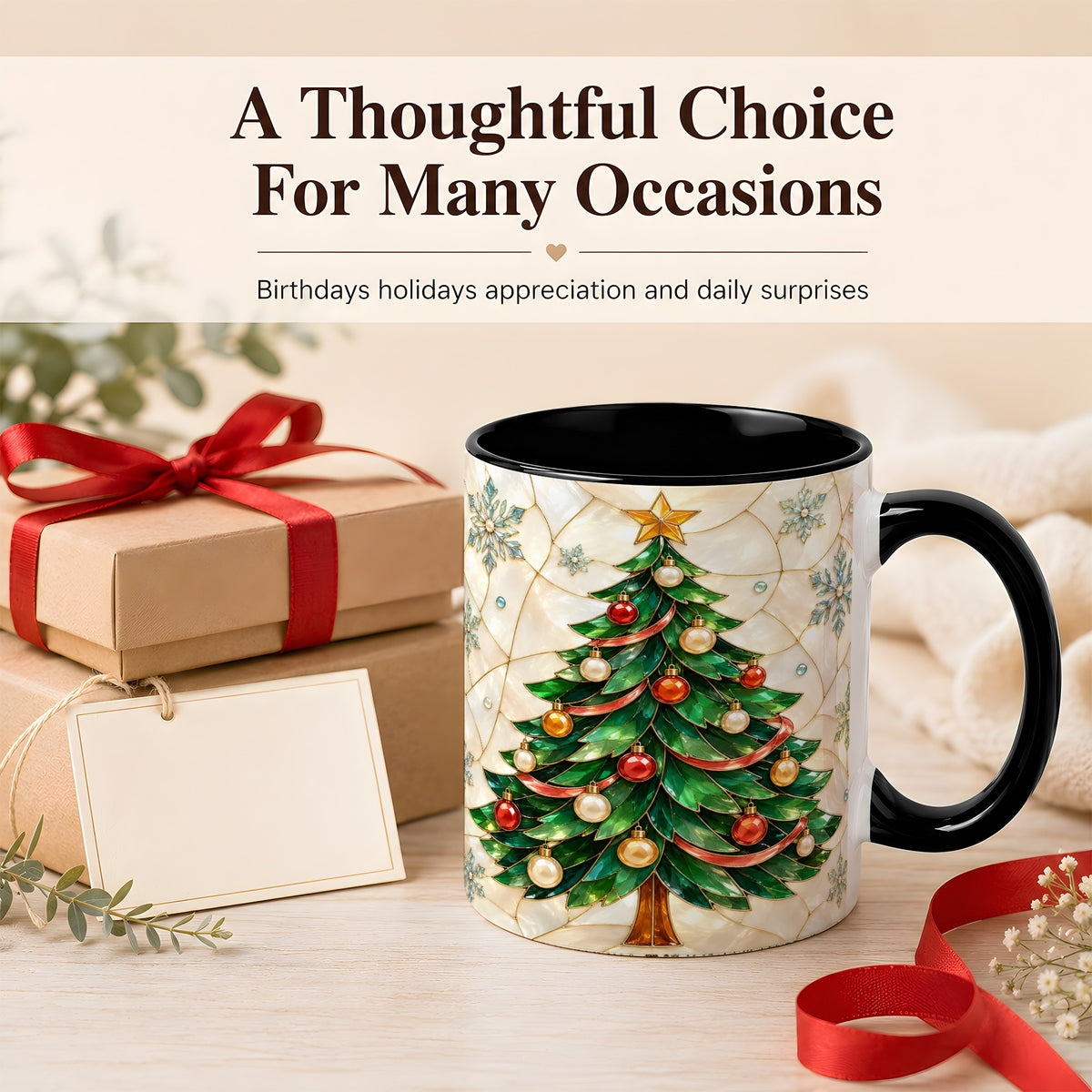 #pl[11oz|Black] Mosaic Christmas Tree Coffee Mug, Snowflake Holiday Mug, Ceramic Cup