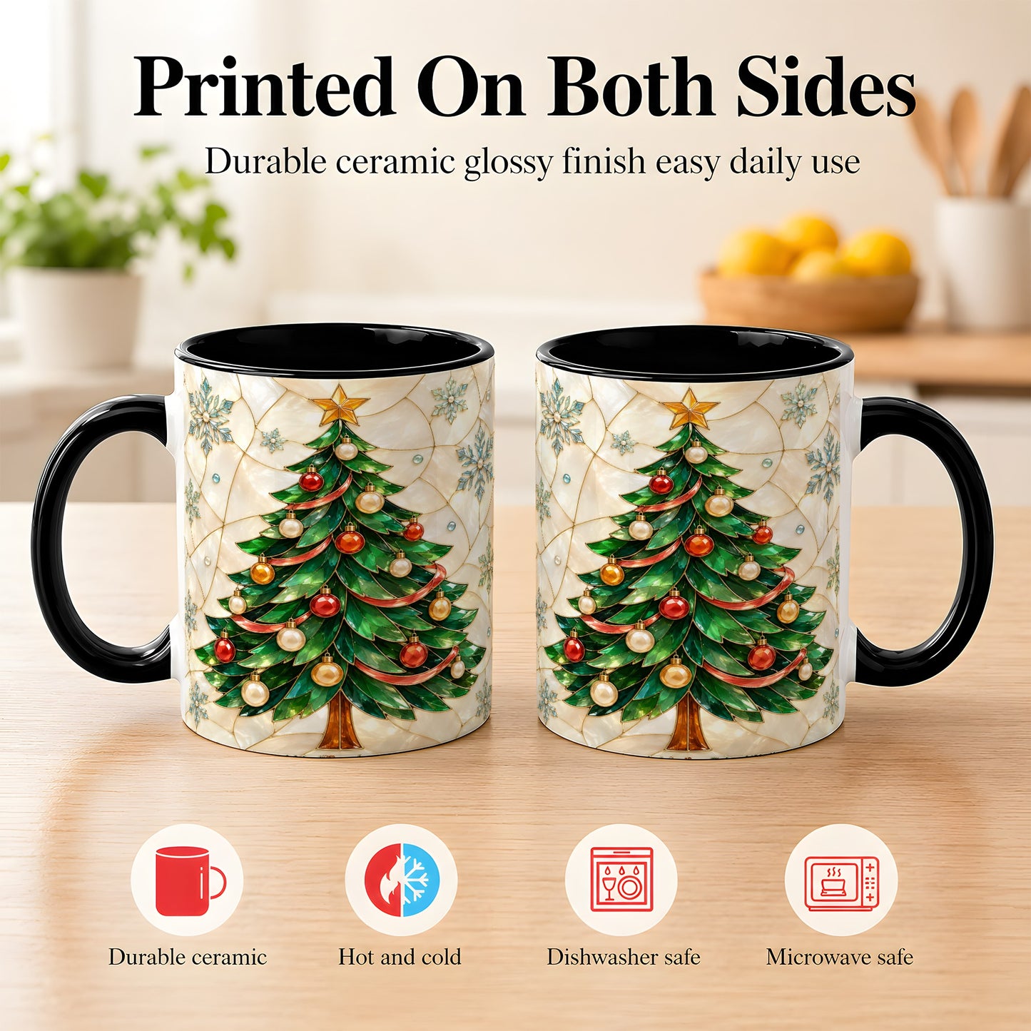 #pl[11oz|Black] Mosaic Christmas Tree Coffee Mug, Snowflake Holiday Mug, Ceramic Cup