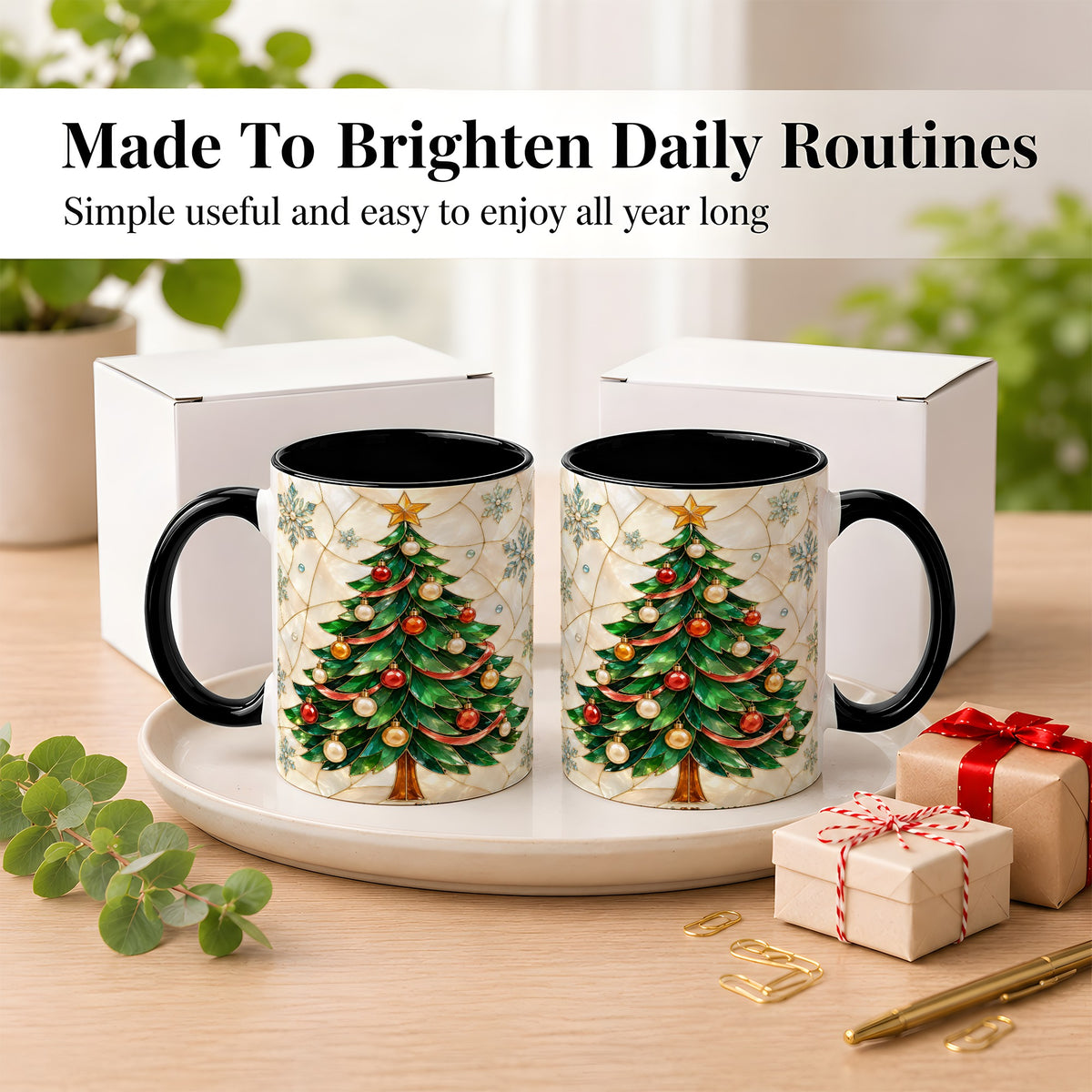 #pl[11oz|Black] Mosaic Christmas Tree Coffee Mug, Snowflake Holiday Mug, Ceramic Cup