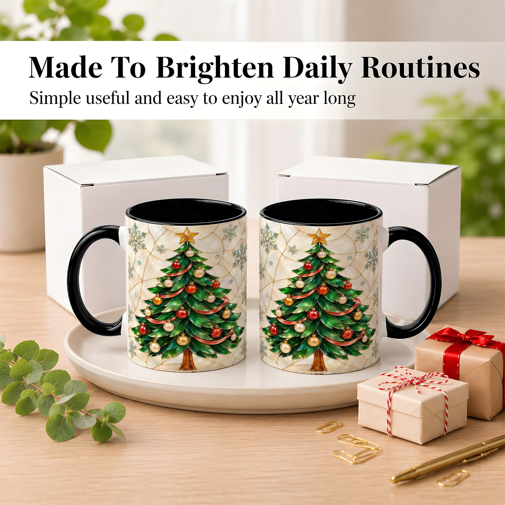 #pl[11oz|Black] Mosaic Christmas Tree Coffee Mug, Snowflake Holiday Mug, Ceramic Cup