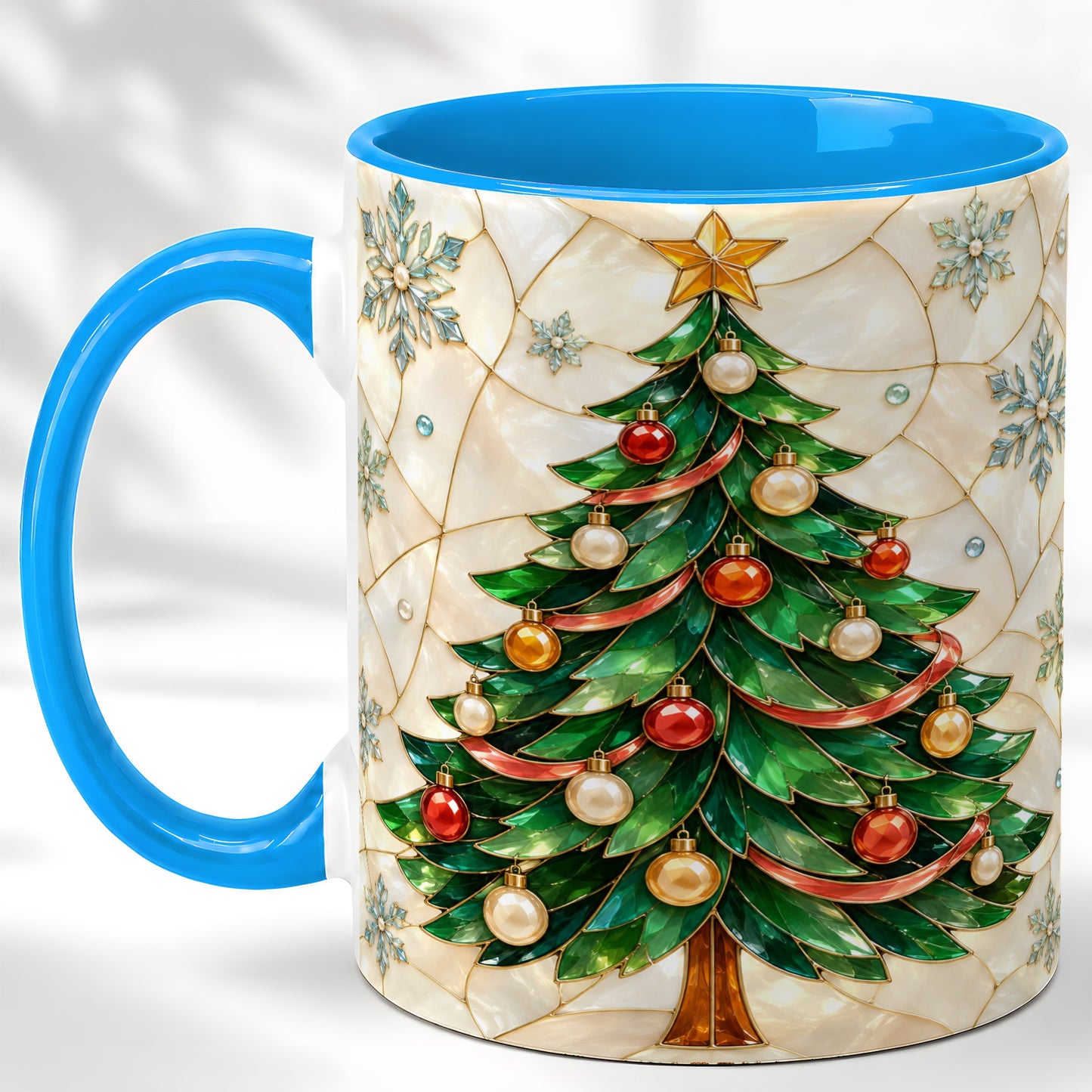 #pl[11oz|Blue] Mosaic Christmas Tree Coffee Mug, Snowflake Holiday Mug, Ceramic Cup
