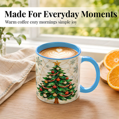 #pl[11oz|Blue] Mosaic Christmas Tree Coffee Mug, Snowflake Holiday Mug, Ceramic Cup