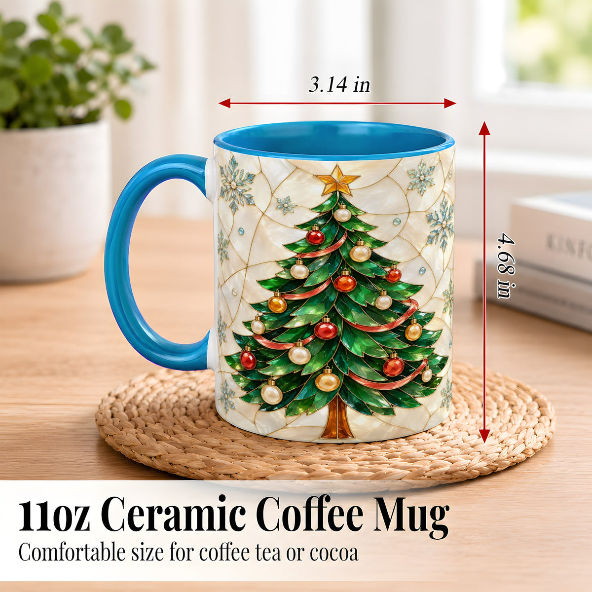 #pl[11oz|Blue] Mosaic Christmas Tree Coffee Mug, Snowflake Holiday Mug, Ceramic Cup