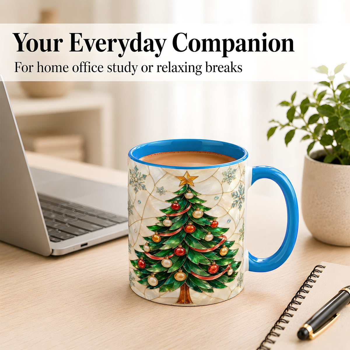 #pl[11oz|Blue] Mosaic Christmas Tree Coffee Mug, Snowflake Holiday Mug, Ceramic Cup