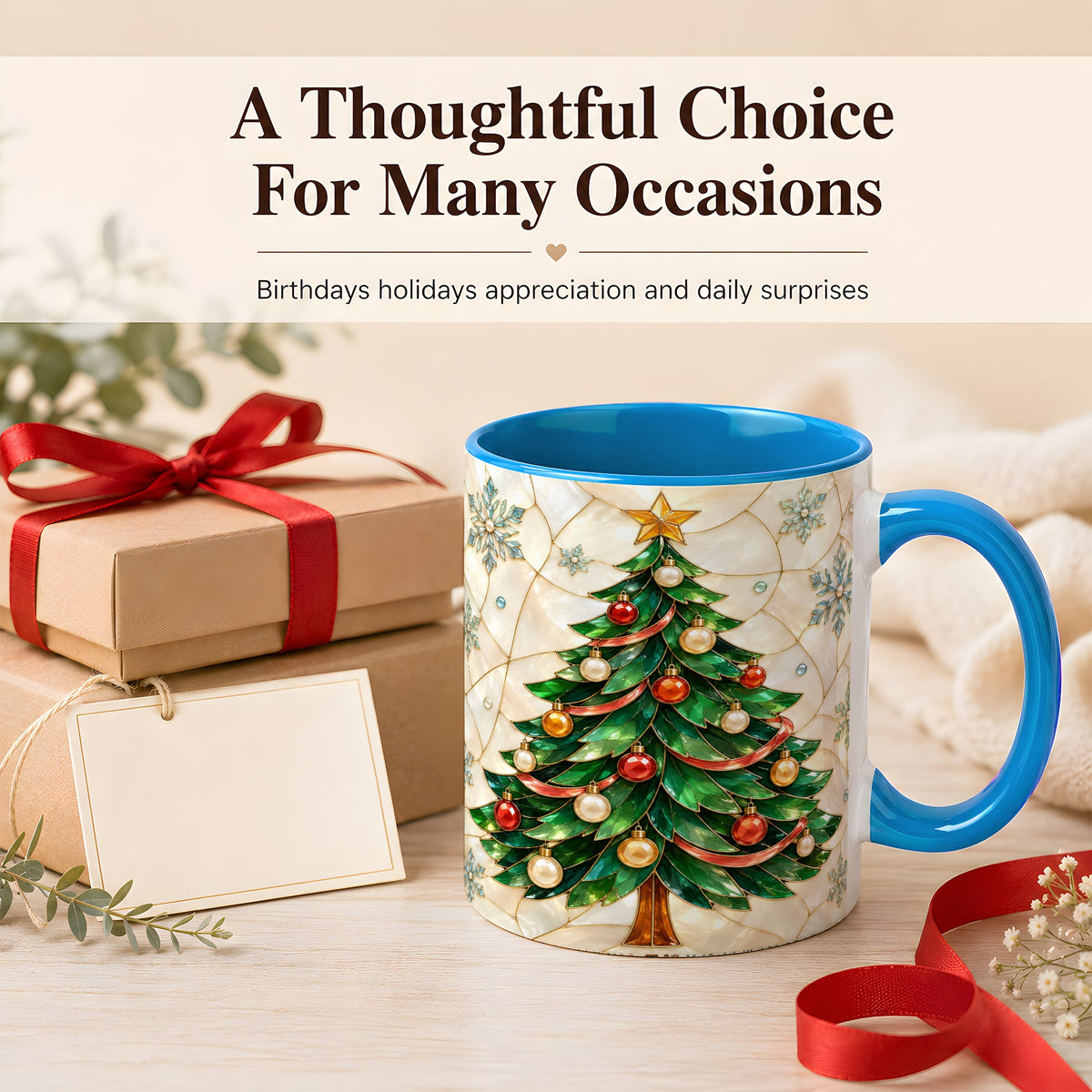 #pl[11oz|Blue] Mosaic Christmas Tree Coffee Mug, Snowflake Holiday Mug, Ceramic Cup