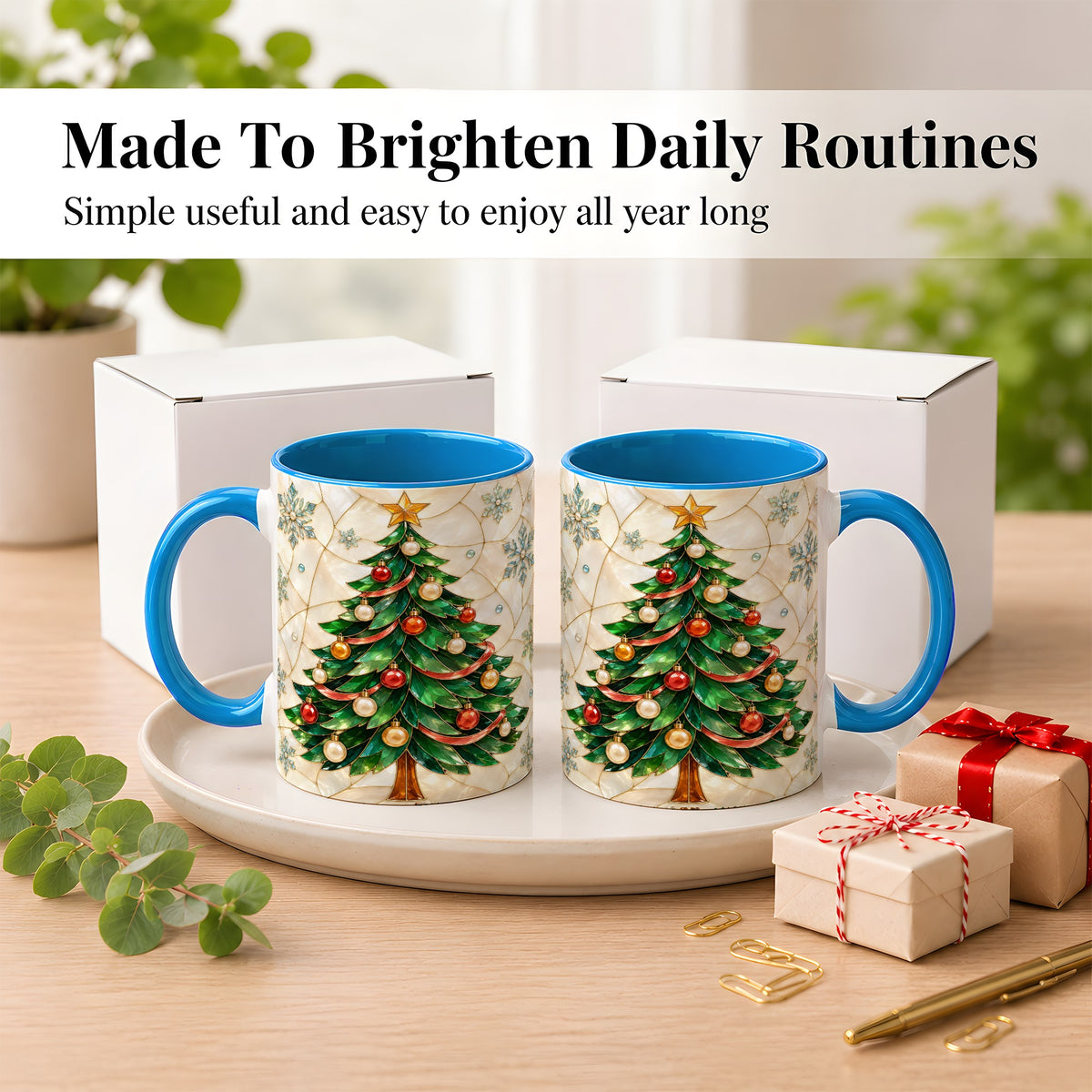 #pl[11oz|Blue] Mosaic Christmas Tree Coffee Mug, Snowflake Holiday Mug, Ceramic Cup