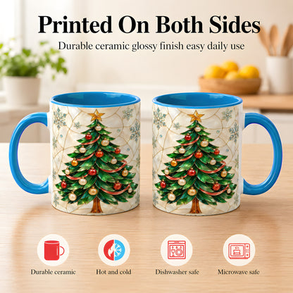 #pl[11oz|Blue] Mosaic Christmas Tree Coffee Mug, Snowflake Holiday Mug, Ceramic Cup