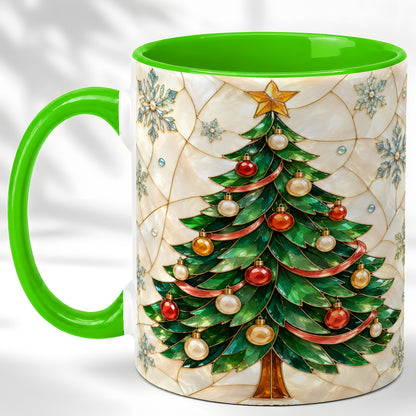 #pl[11oz|Green] Mosaic Christmas Tree Coffee Mug, Snowflake Holiday Mug, Ceramic Cup