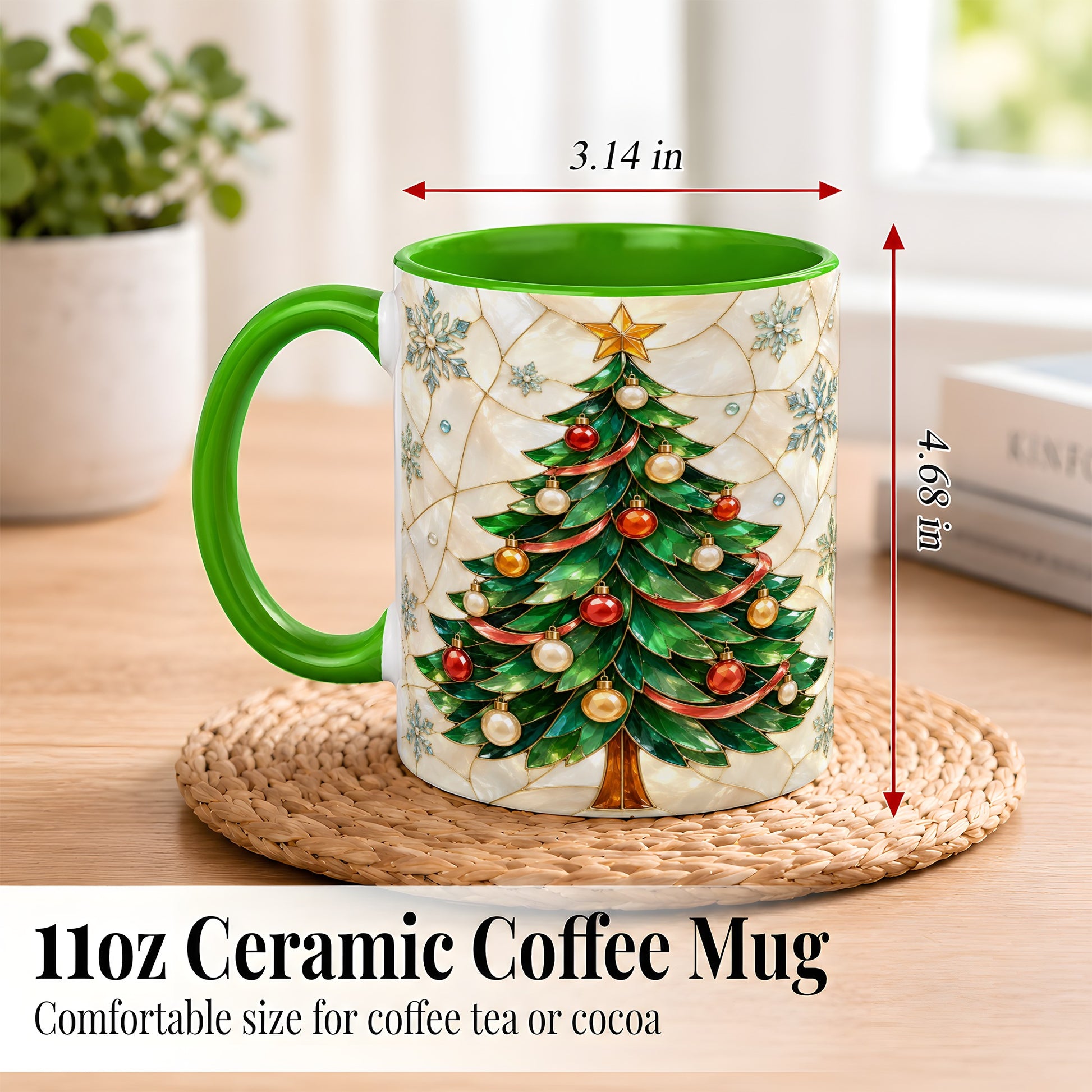 #pl[11oz|Green] Mosaic Christmas Tree Coffee Mug, Snowflake Holiday Mug, Ceramic Cup