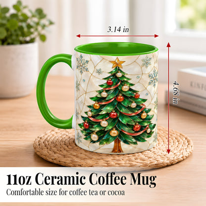 #pl[11oz|Green] Mosaic Christmas Tree Coffee Mug, Snowflake Holiday Mug, Ceramic Cup