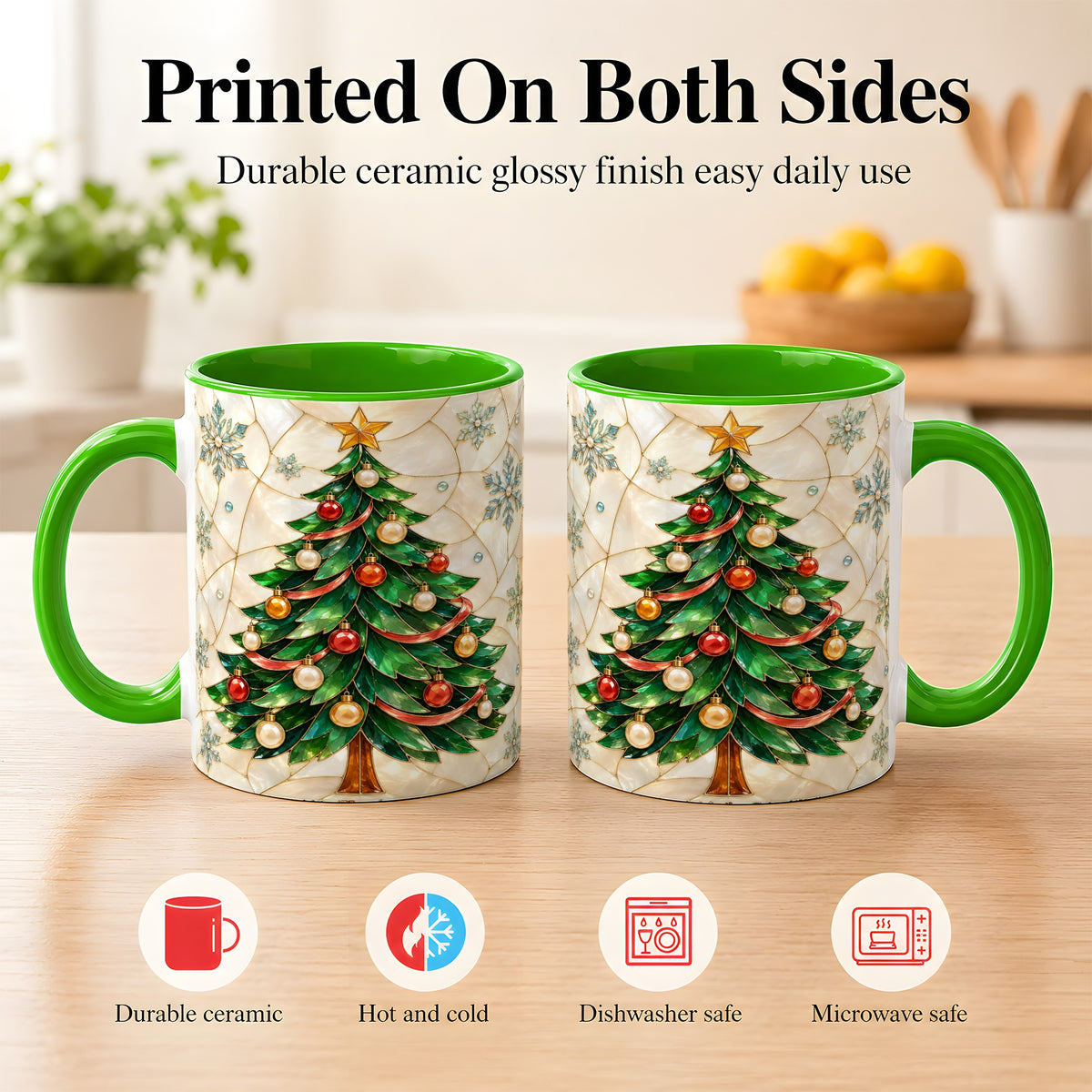 #pl[11oz|Green] Mosaic Christmas Tree Coffee Mug, Snowflake Holiday Mug, Ceramic Cup