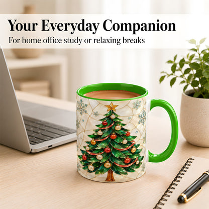 #pl[11oz|Green] Mosaic Christmas Tree Coffee Mug, Snowflake Holiday Mug, Ceramic Cup
