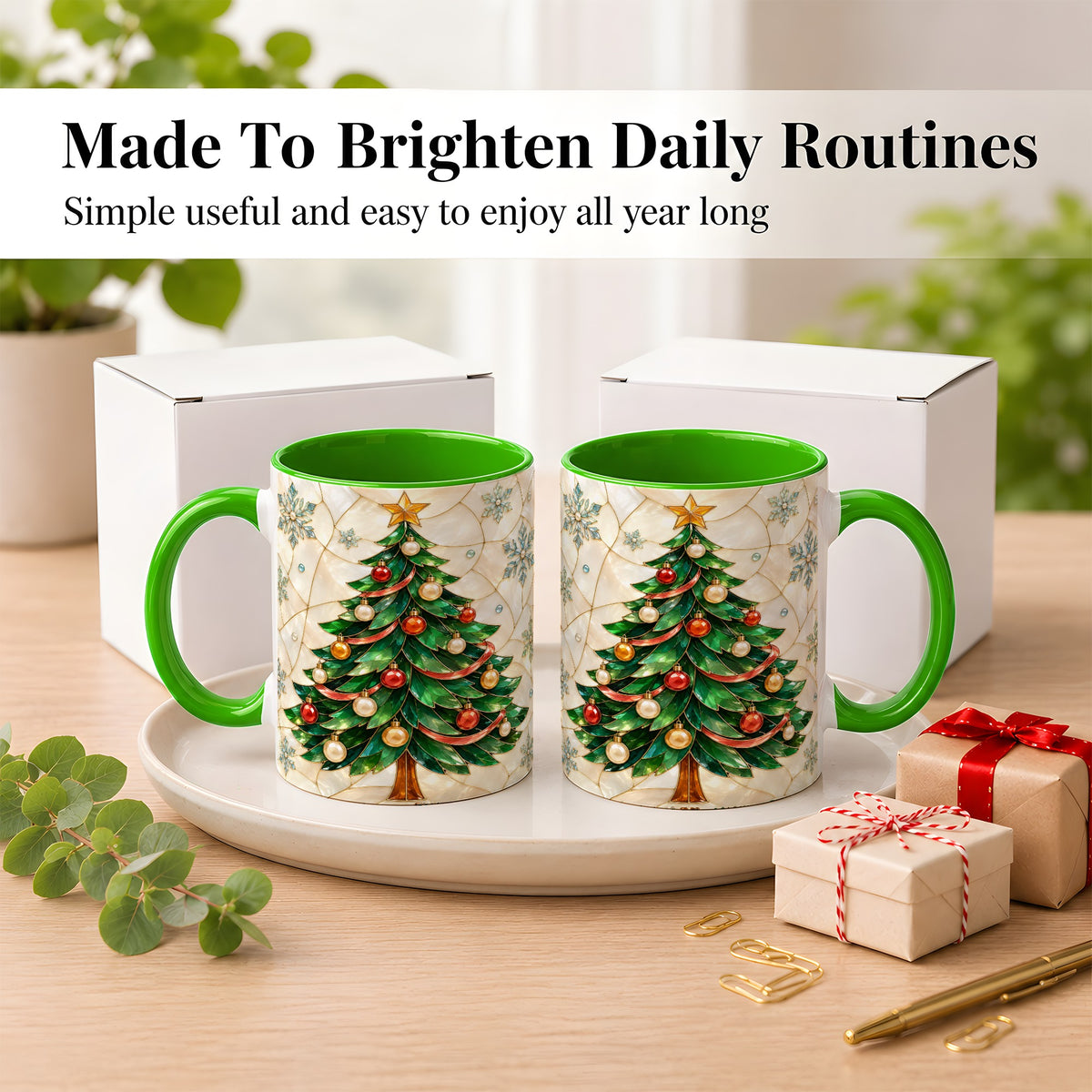 #pl[11oz|Green] Mosaic Christmas Tree Coffee Mug, Snowflake Holiday Mug, Ceramic Cup