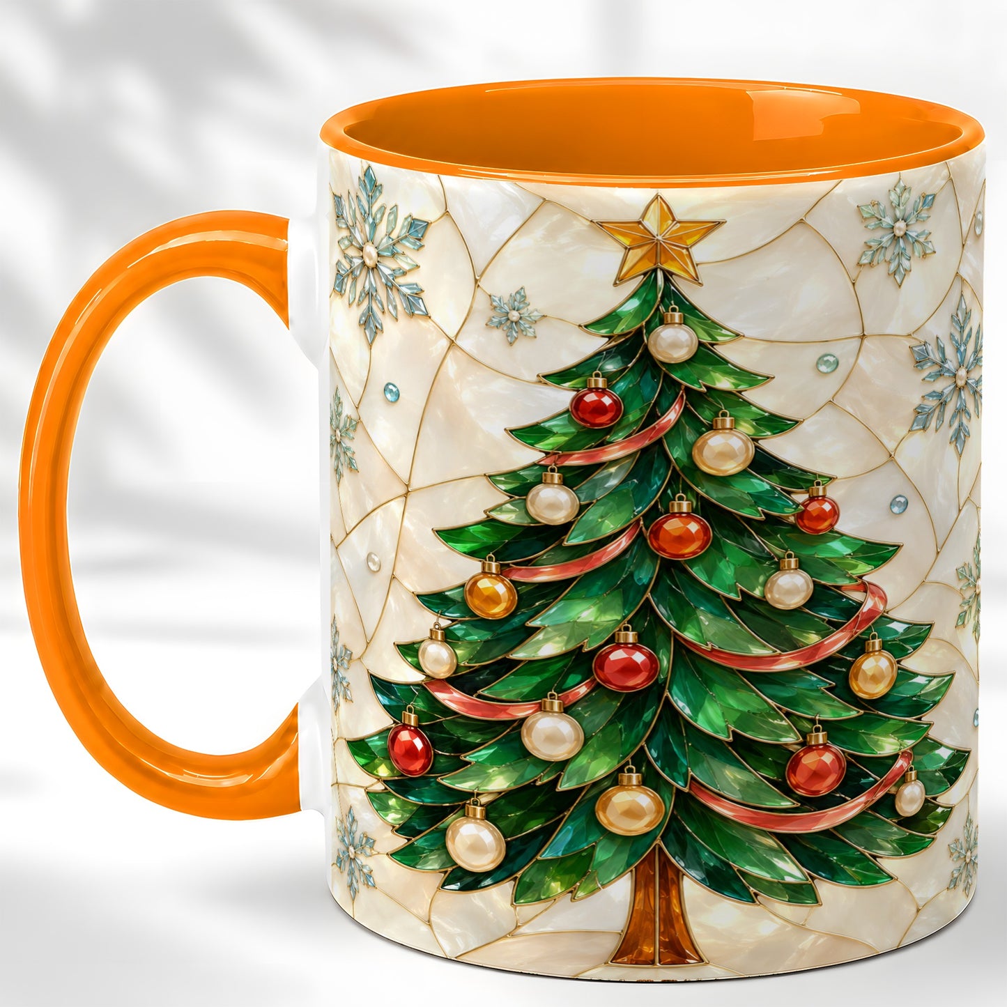 #pl[11oz|Orange] Mosaic Christmas Tree Coffee Mug, Snowflake Holiday Mug, Ceramic Cup
