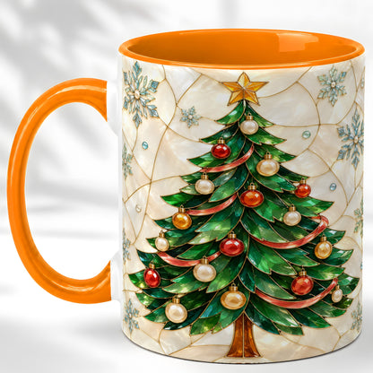 #pl[11oz|Orange] Mosaic Christmas Tree Coffee Mug, Snowflake Holiday Mug, Ceramic Cup