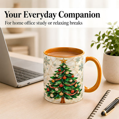 #pl[11oz|Orange] Mosaic Christmas Tree Coffee Mug, Snowflake Holiday Mug, Ceramic Cup