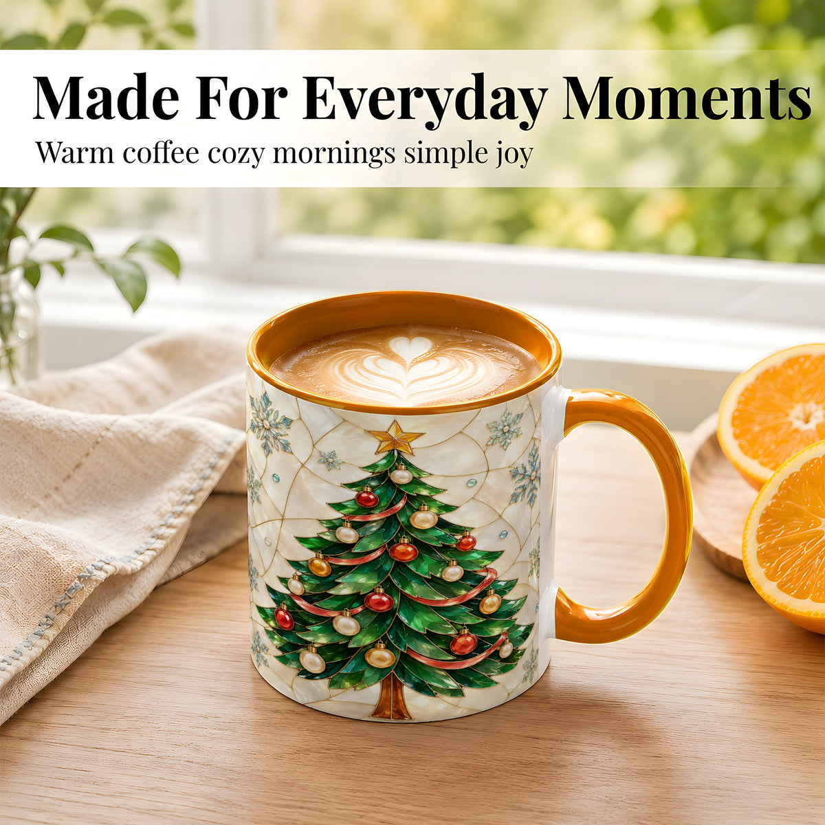 #pl[11oz|Orange] Mosaic Christmas Tree Coffee Mug, Snowflake Holiday Mug, Ceramic Cup
