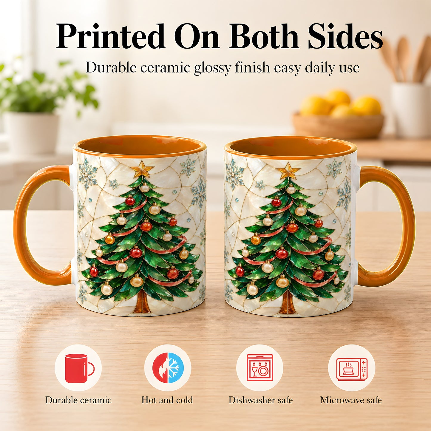#pl[11oz|Orange] Mosaic Christmas Tree Coffee Mug, Snowflake Holiday Mug, Ceramic Cup