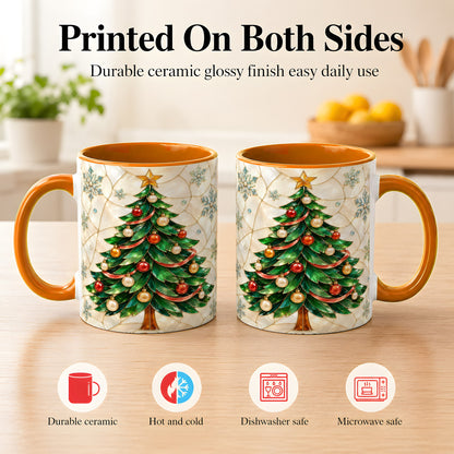 #pl[11oz|Orange] Mosaic Christmas Tree Coffee Mug, Snowflake Holiday Mug, Ceramic Cup
