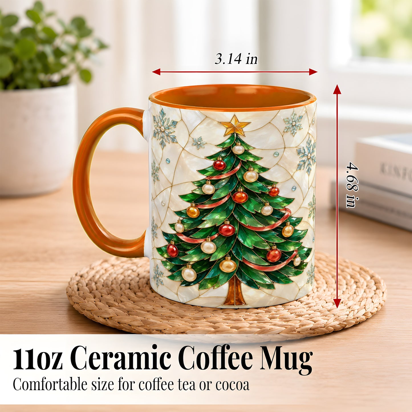 #pl[11oz|Orange] Mosaic Christmas Tree Coffee Mug, Snowflake Holiday Mug, Ceramic Cup
