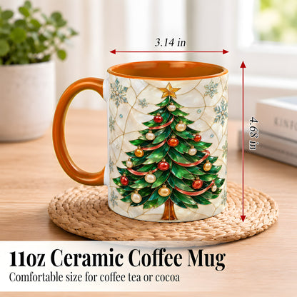 #pl[11oz|Orange] Mosaic Christmas Tree Coffee Mug, Snowflake Holiday Mug, Ceramic Cup