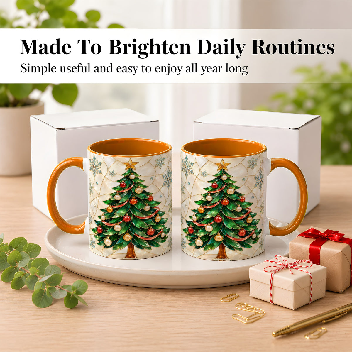 #pl[11oz|Orange] Mosaic Christmas Tree Coffee Mug, Snowflake Holiday Mug, Ceramic Cup