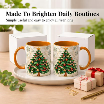 #pl[11oz|Orange] Mosaic Christmas Tree Coffee Mug, Snowflake Holiday Mug, Ceramic Cup