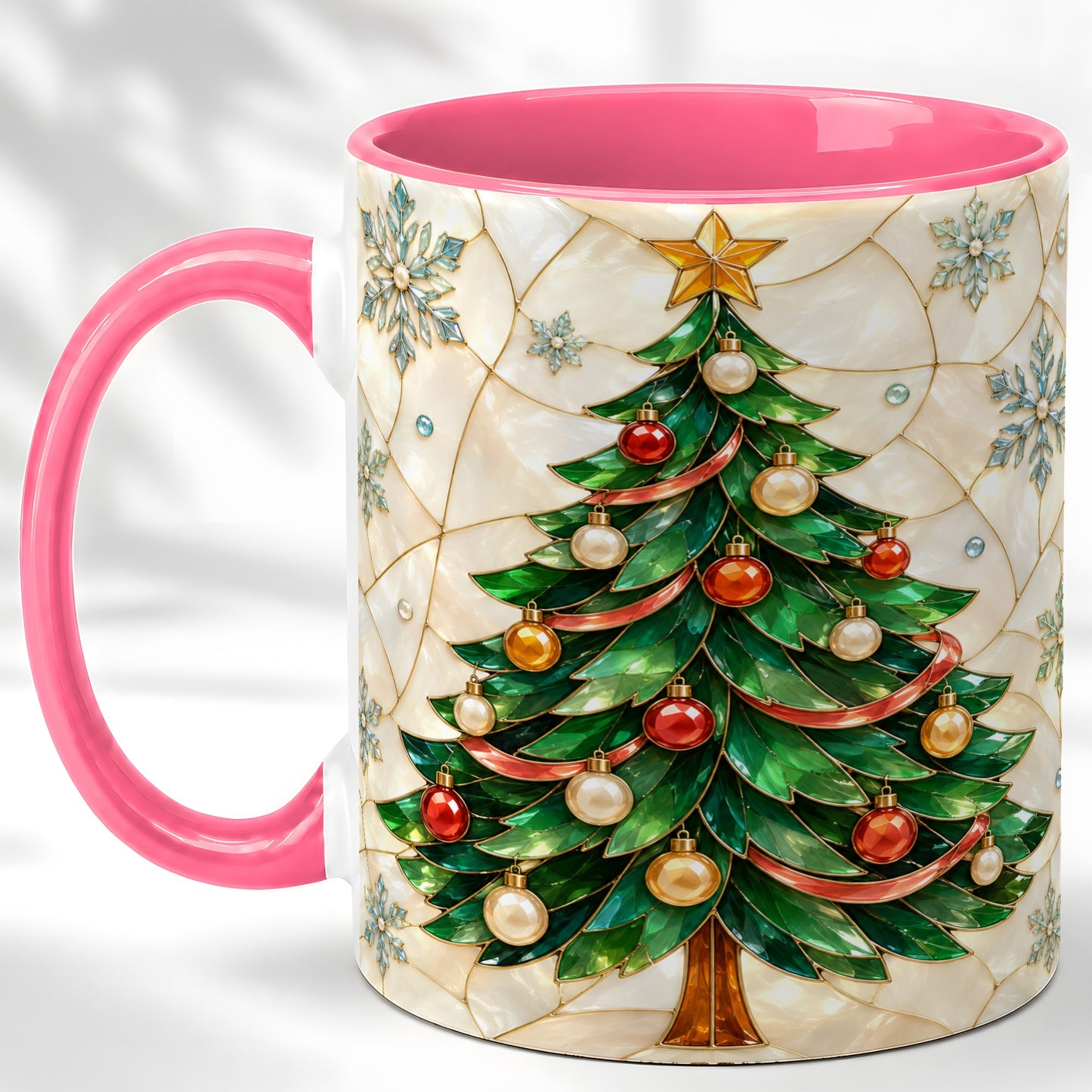 #pl[11oz|Pink] Mosaic Christmas Tree Coffee Mug, Snowflake Holiday Mug, Ceramic Cup