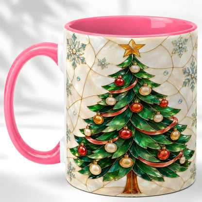 #pl[11oz|Pink] Mosaic Christmas Tree Coffee Mug, Snowflake Holiday Mug, Ceramic Cup
