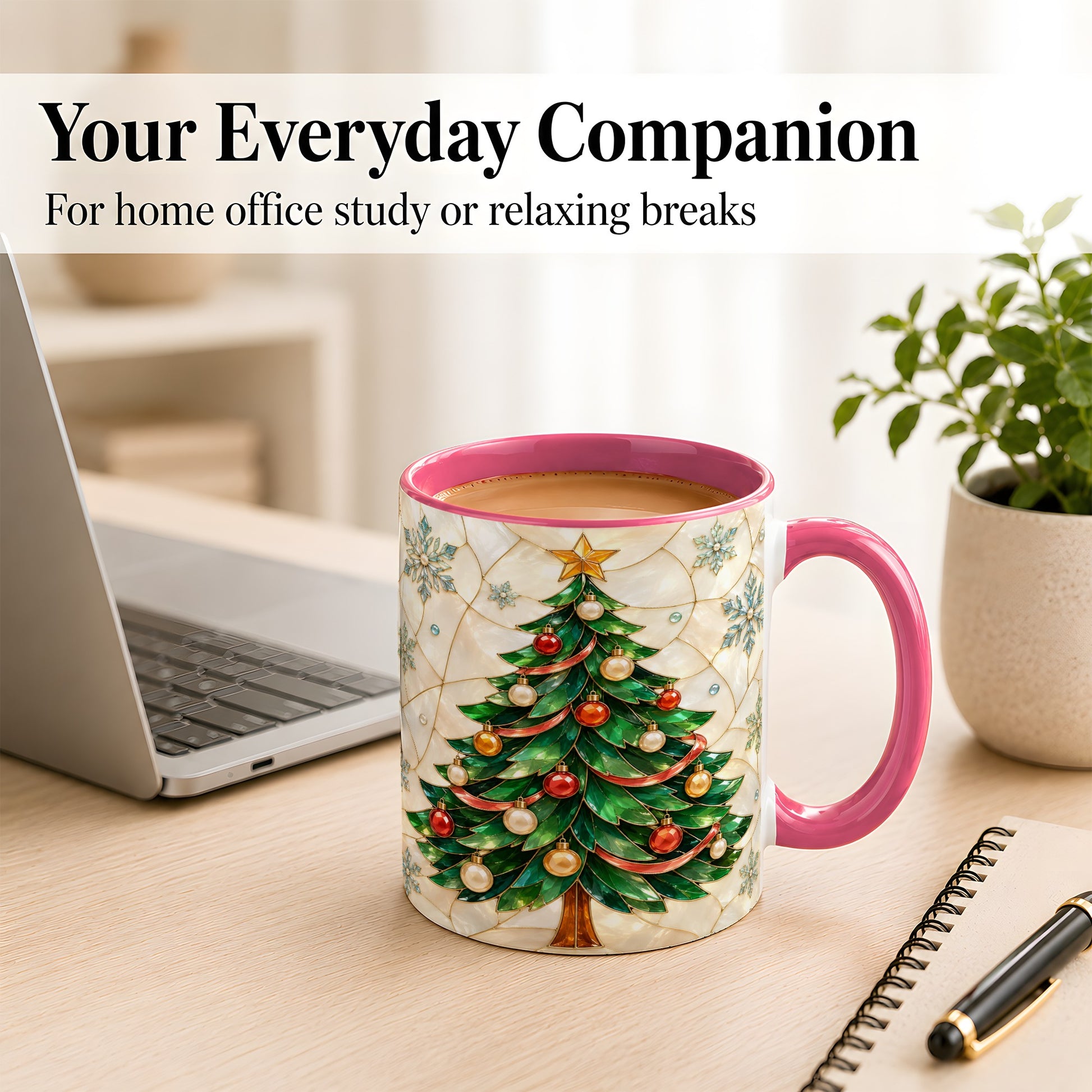 #pl[11oz|Pink] Mosaic Christmas Tree Coffee Mug, Snowflake Holiday Mug, Ceramic Cup