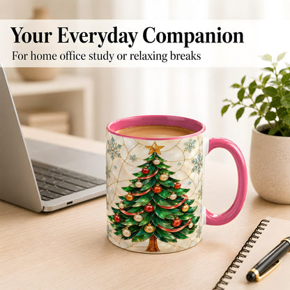 #pl[11oz|Pink] Mosaic Christmas Tree Coffee Mug, Snowflake Holiday Mug, Ceramic Cup