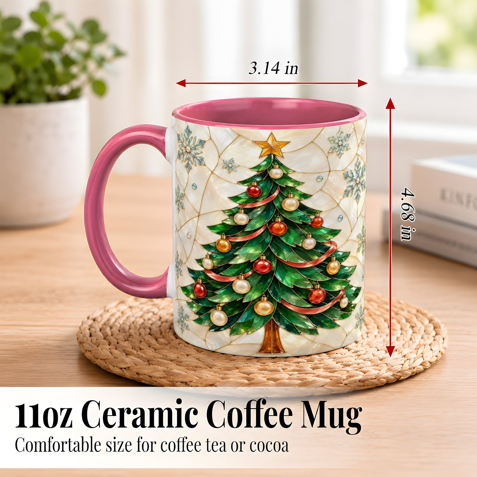 #pl[11oz|Pink] Mosaic Christmas Tree Coffee Mug, Snowflake Holiday Mug, Ceramic Cup