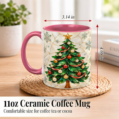 #pl[11oz|Pink] Mosaic Christmas Tree Coffee Mug, Snowflake Holiday Mug, Ceramic Cup