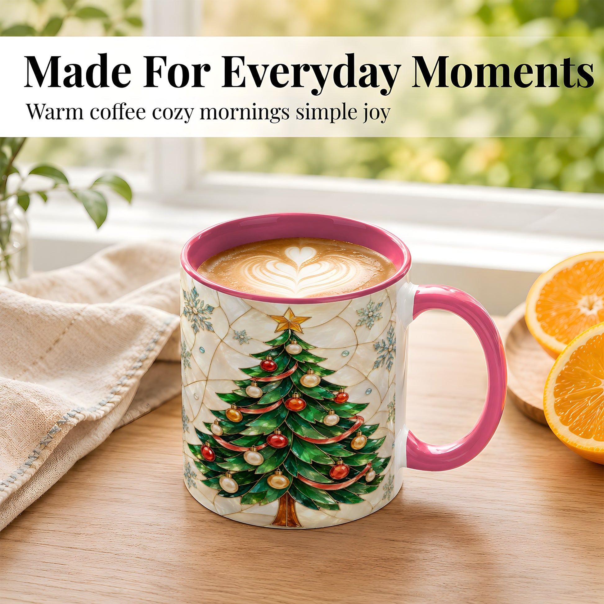 #pl[11oz|Pink] Mosaic Christmas Tree Coffee Mug, Snowflake Holiday Mug, Ceramic Cup