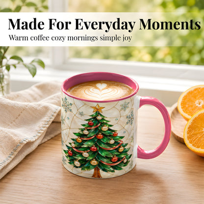 #pl[11oz|Pink] Mosaic Christmas Tree Coffee Mug, Snowflake Holiday Mug, Ceramic Cup