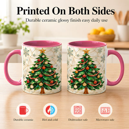 #pl[11oz|Pink] Mosaic Christmas Tree Coffee Mug, Snowflake Holiday Mug, Ceramic Cup