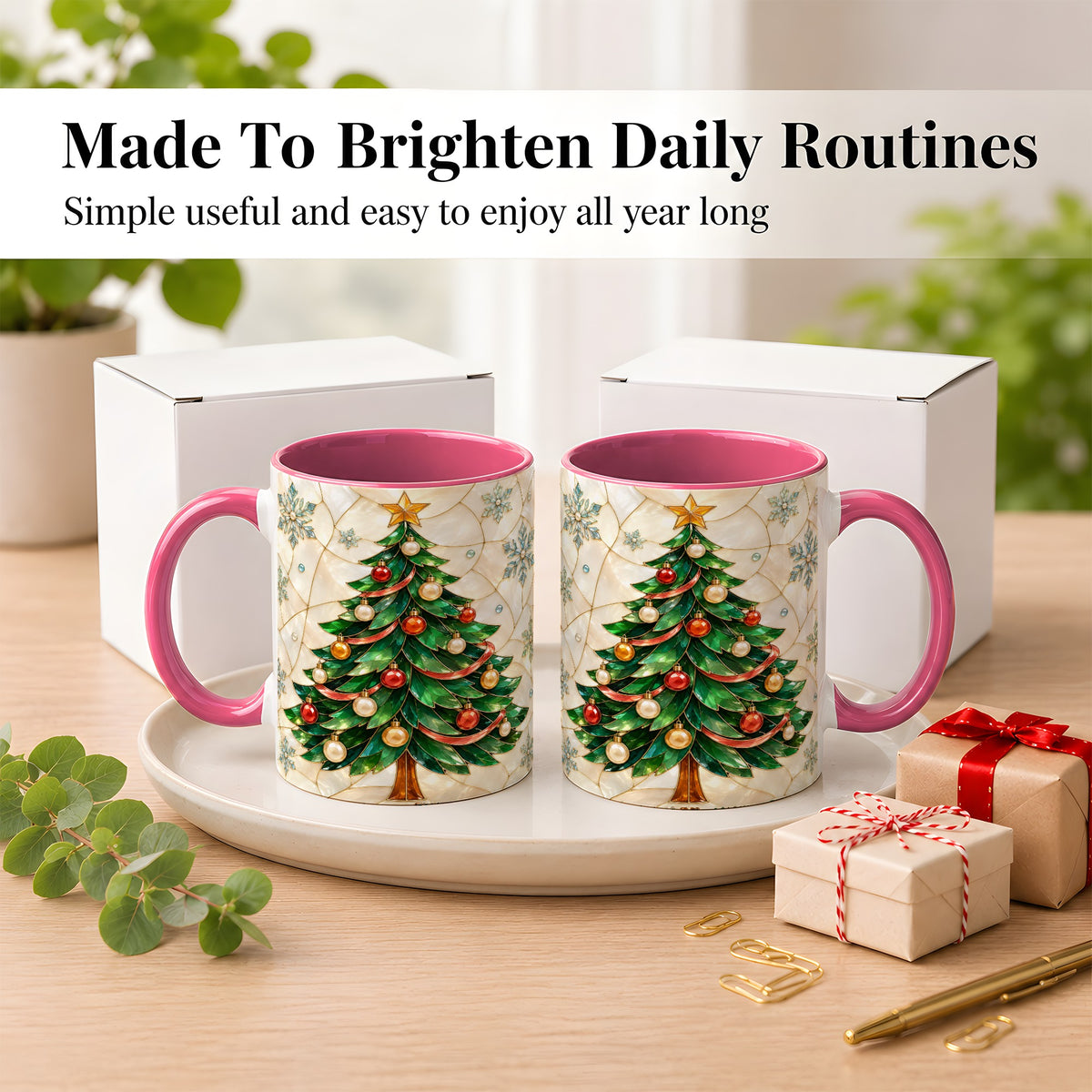 #pl[11oz|Pink] Mosaic Christmas Tree Coffee Mug, Snowflake Holiday Mug, Ceramic Cup